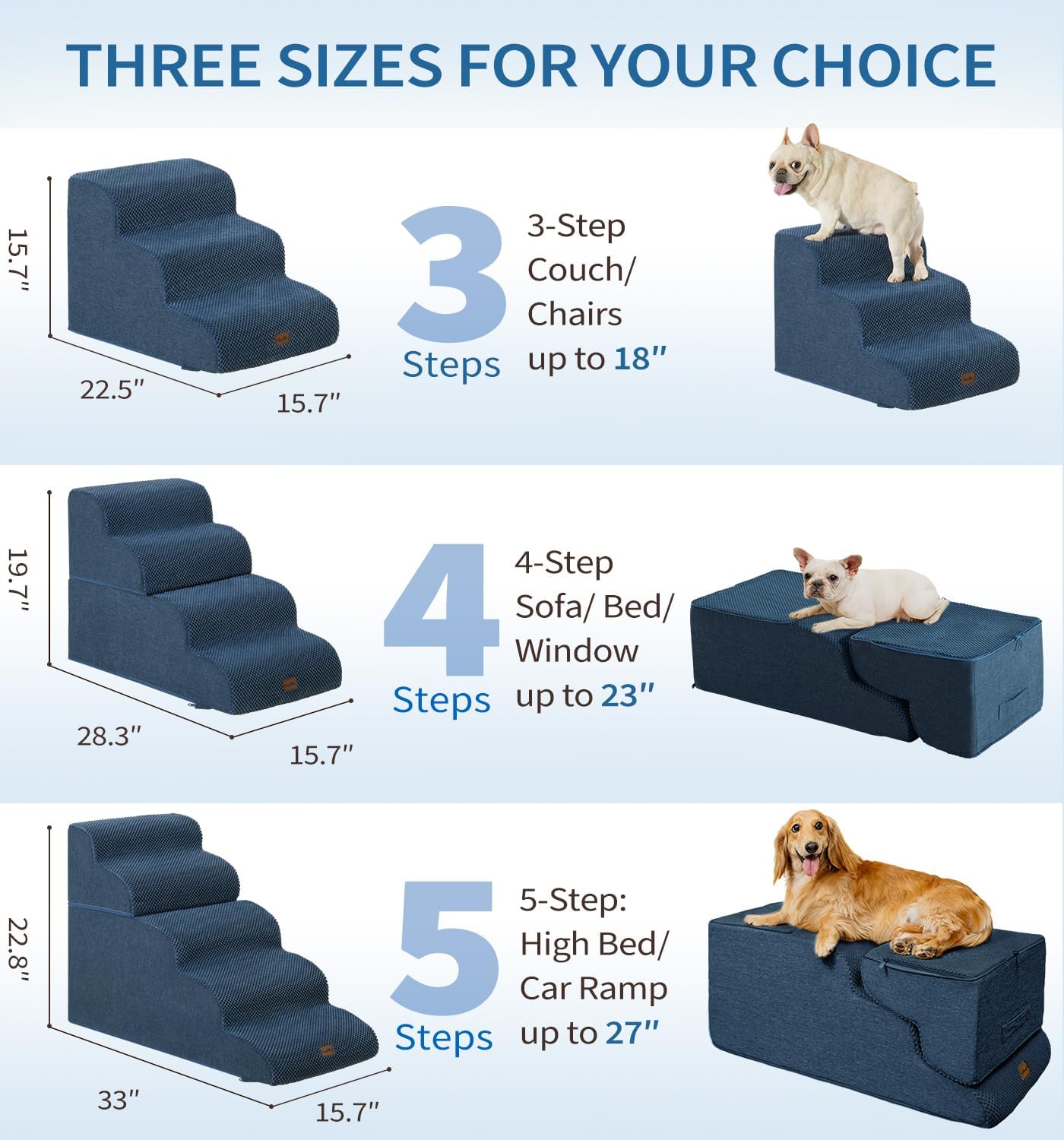 Made4Pets Dog Stairs Ramp for Small Dogs 15.7" H, 3-Step Dog Steps for Bed Couch Sofa and Chair, 35D Foam Pet Steps for Small Dogs and Cats, Non-Slip Bottom Pet Stairs, Grey