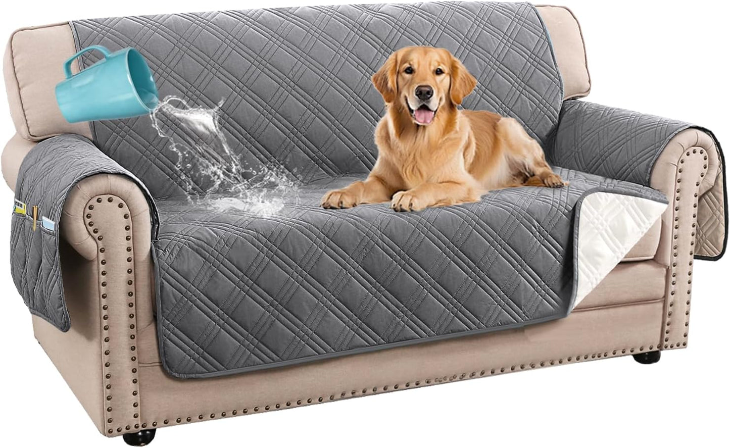 H.VERSAILTEX 100% Waterproof Slipcovers for Couches and Sofas Modern Pet Couch Cover Thick Soft Furniture Protector with Elastic Straps(Sofa, Lily Pad/Beige)