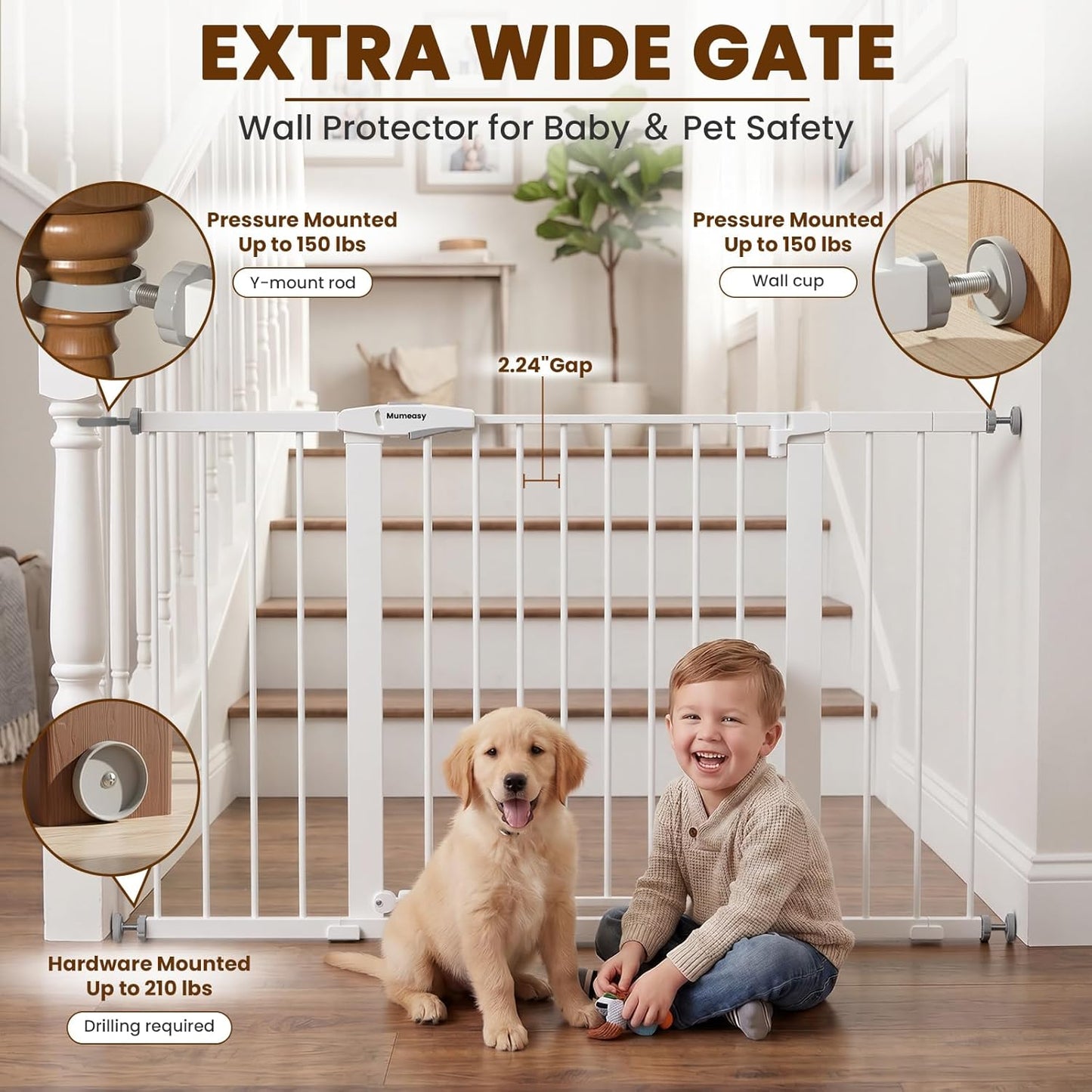 Mumeasy Baby Gate Extra Wide, 29.7-51'' Pressure Mounted Dog Gate with Walk Thru Door, Auto Close Pet Gate for House, Stairs, Doorways,Black