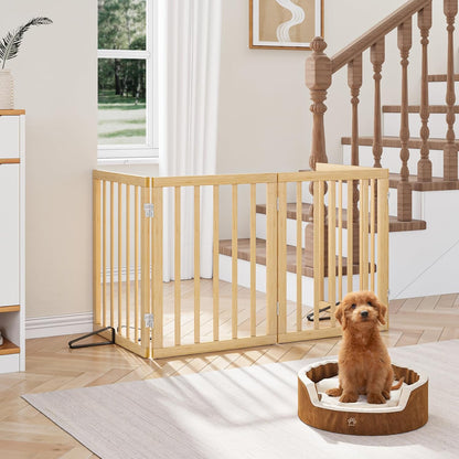 Freestanding Dog Gates Indoor, 3-Panel Pet Gates with 2 Metal Stands and 360° Hinge, 24" H Foldable Dog Gate for Stairs, Doorway, Kitchen, Expands Up to 55" Fully Assembled - Black Walnut