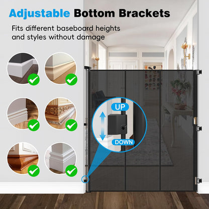 Reinforced 65" Extra Tall Pet Gate for Doorway, Jump-Resistant & Prevent Crawling Underneath Retractable Baby Gates Extra Tall, 0-55" W Retractable Dog Gate for Pet, Dogs, Cats, Puppies, Babies, Black