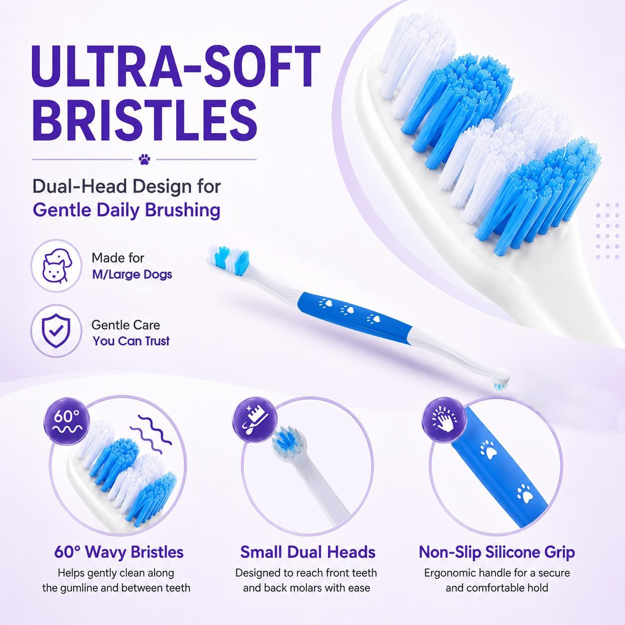 Dog Toothbrush – Newly Upgraded Dual-Head Design with 60° Wavy Bristles – Gently Surrounds Teeth for Deep Cleaning and Plaque Removal – Non-Slip Handle, Ideal for Daily Pet Dental Care (Pink, 1-Pack)