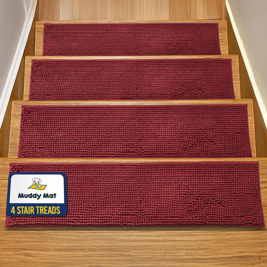 Muddy Mat® Pack of 4 - Soft Chenille Stair Treads Non-Slip Reusable, Super Absorbent Stair Treads for Wooden Steps, Tile & Marble Floor, Easy to Install & Machine Washable - Grey 30'' x 7''