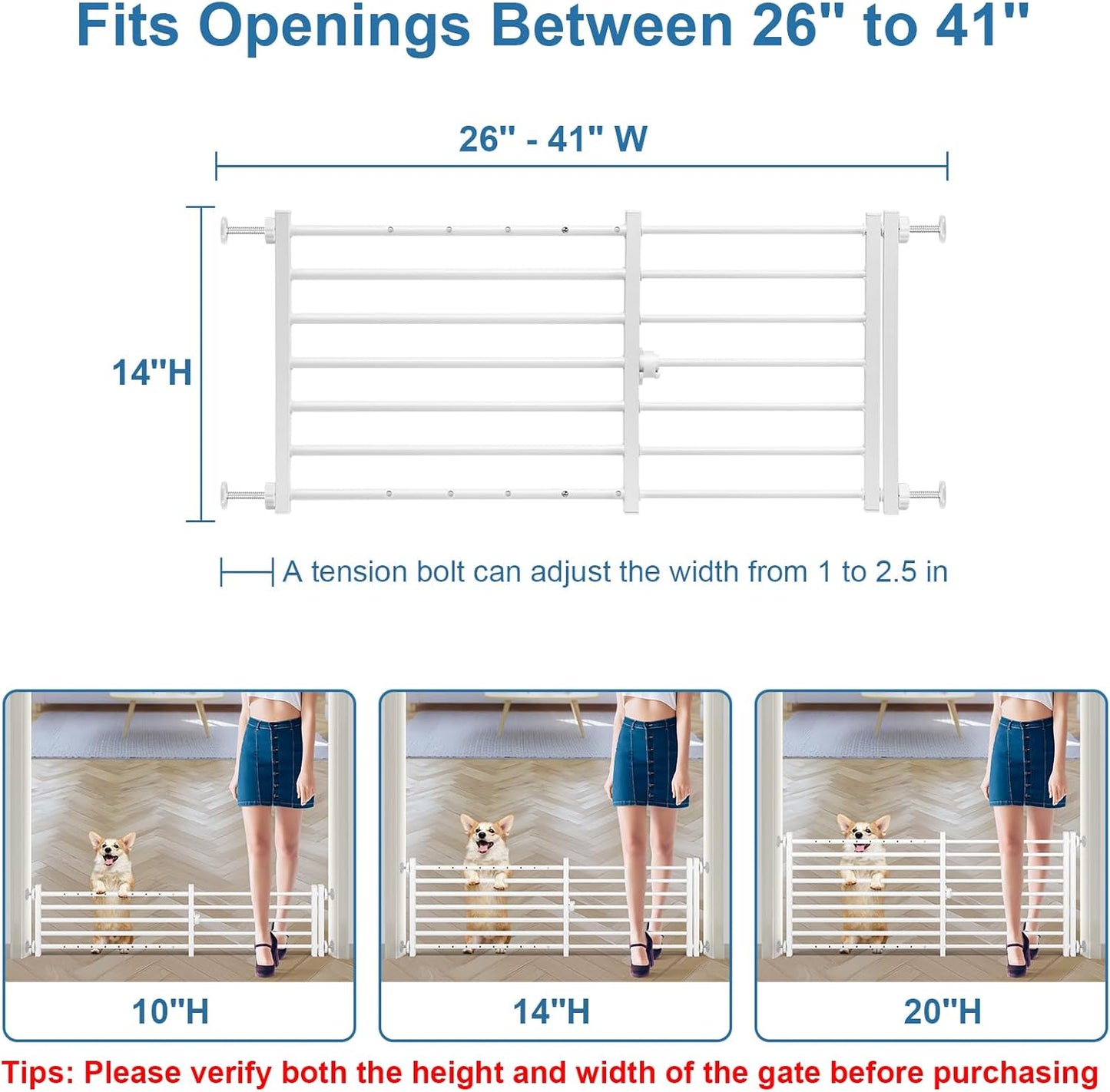 Malier Indoor Dog Gate with Door, 26-41" Extra Wide Full Metal Pet Gate Short Dog Gate for Stairs, Pressure Mount 10'' Tall Small Puppy Low Gate Easy Step Over for Doorways