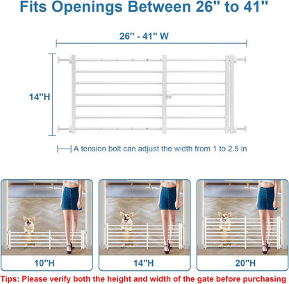 Malier Indoor Dog Gate with Door, 26-41" Extra Wide Full Metal Pet Gate Short Dog Gate for Stairs, Pressure Mount 10'' Tall Small Puppy Low Gate Easy Step Over for Doorways