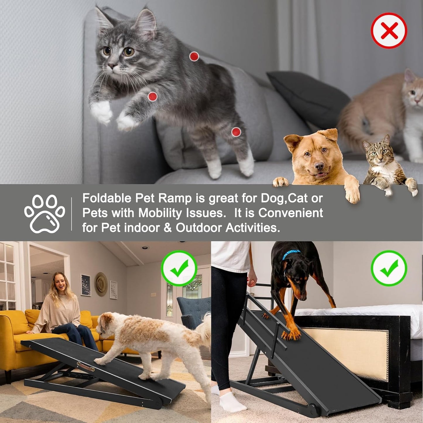 ABORON Antislip Dog Ramp, Adjustable Folding Pet Ramp for Small & Large Old Dogs & Cats, High Traction Portable Rubber Paw Ramps, Supports up to 200 lbs, Used for Bed Couch SUV, 39.3'' Long
