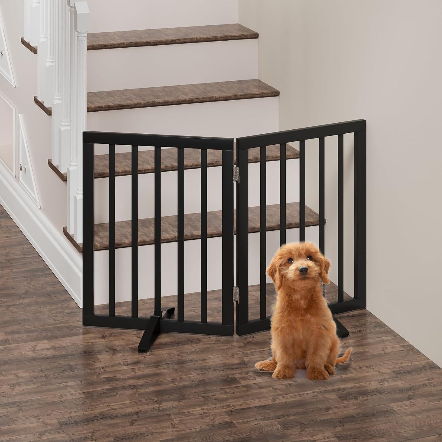 Freestanding Foldable Dog Gate - 4 Panel Room Divider with Metal Support Feet (Black)