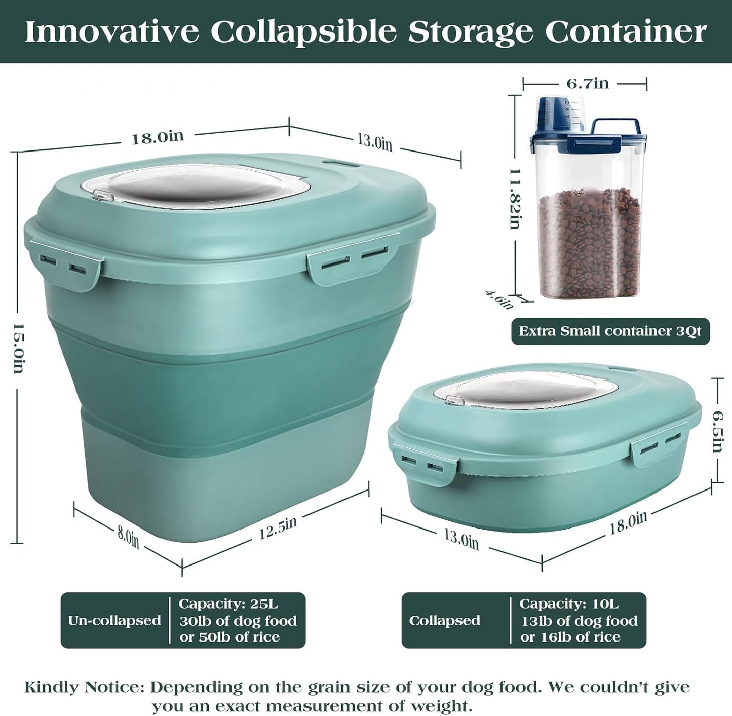 TIOVERY Dog Food Storage Container, Airtight Collapsible 13lb to 30lb Pet Food Container with Flip Top, Rolling Wheel, Scoop and a small container for Dog Cat Food and Dry Food of Rice, Flour