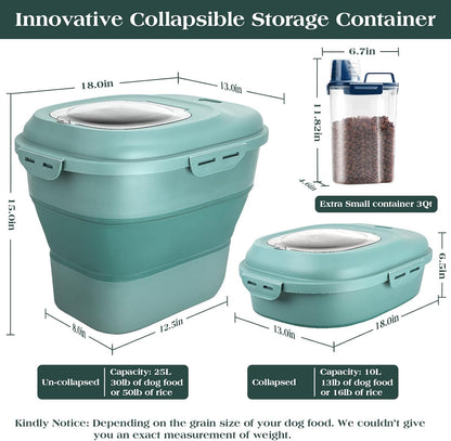 TIOVERY Dog Food Storage Container, Airtight Collapsible 13lb to 30lb Pet Food Container with Flip Top, Rolling Wheel, Scoop and a small container for Dog Cat Food and Dry Food of Rice, Flour