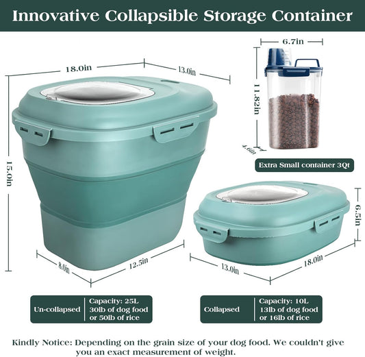 TIOVERY Dog Food Storage Container, Airtight Collapsible 13lb to 30lb Pet Food Container with Flip Top, Rolling Wheel, Scoop and a small container for Dog Cat Food and Dry Food of Rice, Flour