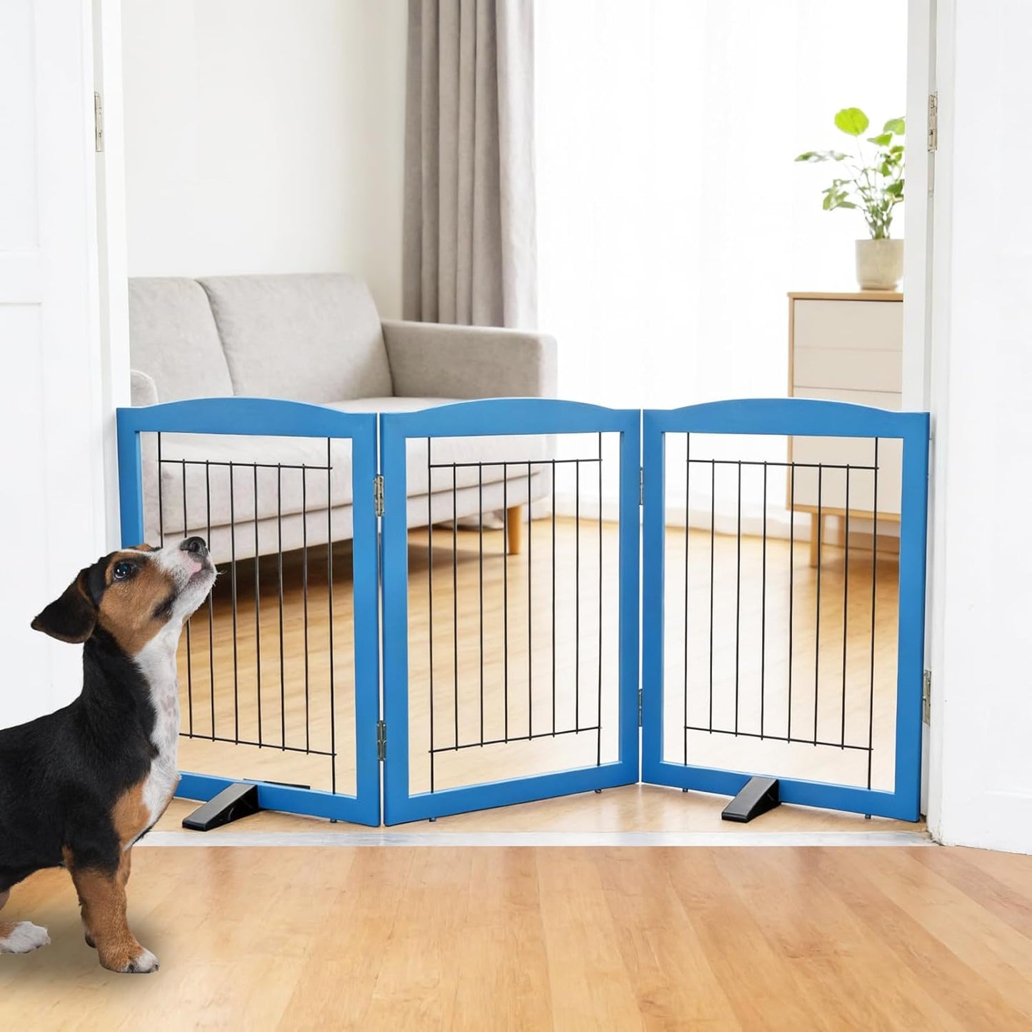 ZJSF Freestanding Dog Fence Indoor, Foldable Dog Gate for Doorways, Stairs or Hallways, Sturdy Wood Extra Wide Pet Gate with Support Feet for The House, White, 24 "Height-3 Panels