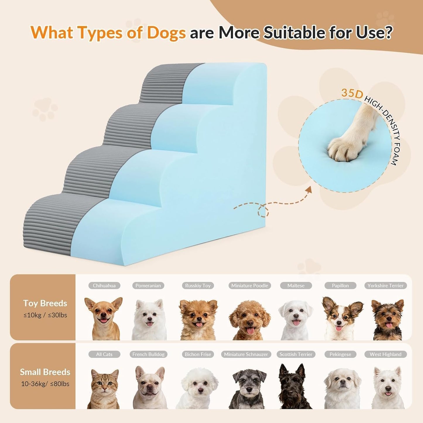 Dog Stairs for High Beds Up to 30" H with Tunnel,Extra Height 27.5" 5-Step Pet Steps for Small Dogs and Cats, Non-Slip Sturdy Dog Ramp with Anti-Tip Safety Strap and Removable Cover