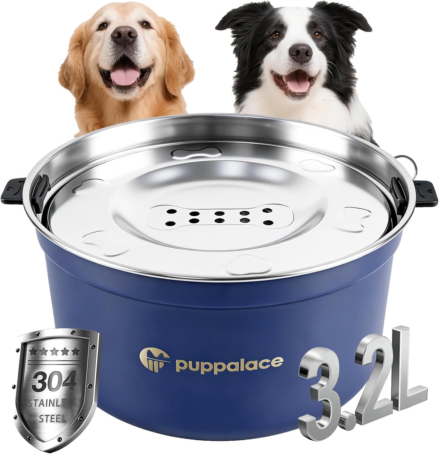 No Spill Dog Water Bowl, 3.2L/108oz Stainless Steel Slow Water Feeder with Floating Disk, Splash Proof Non-Slip Bowl for Messy Drinkers, Large Dogs and Cats, Blue