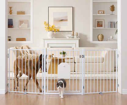 No Pawblems Dog Gate with Cat Door, Free Standing 30'' Tall Foldable Dog Fence for Indoor & Outdoor, Up to 156 Inch Extra Wide Puppy Gate for Stairs, Hallways, Doorways, Deck, Yard (Black, 6 Panels)