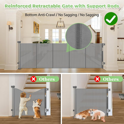 96 Inch Wide Reinforced Retractable Baby Gate with Support Rods, Extra Long Dog Gate Retractable Gate Outdoor Gates for Decks, Prevent Crawling Under Extra Long Baby Gates for Large Openings, Black