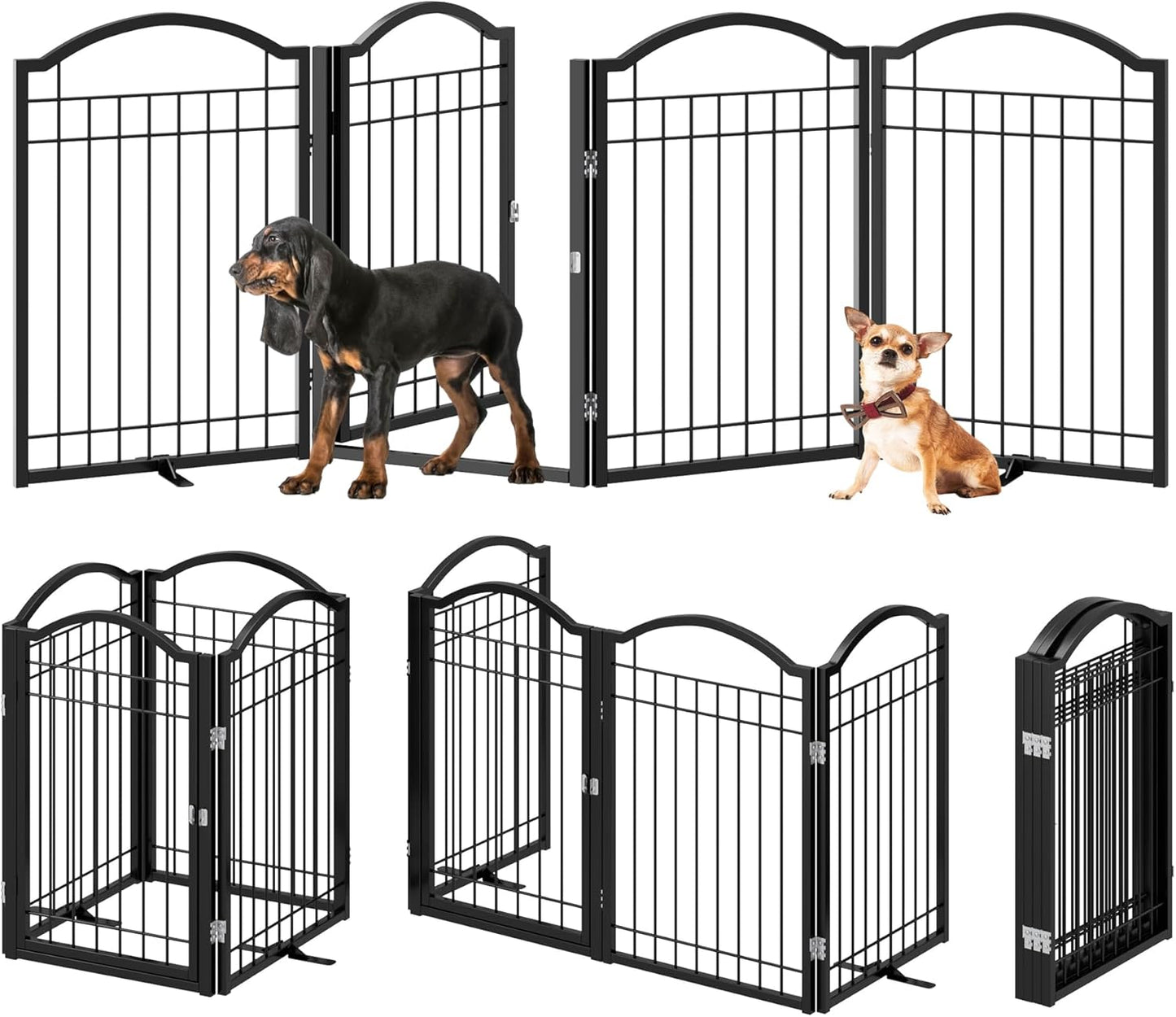 BHG Metal No-Assembly Freestanding Dog Gate with Door Walk Through, Extra Wide 144", Extra Tall 32" Pet Gate, Accordion Puppy Folding Playpen Dog Fence, with 2PCS Support (Black, 6 panesl)