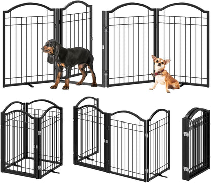 BHG Metal No-Assembly Freestanding Dog Gate with Door Walk Through, Extra Wide 144", Extra Tall 32" Pet Gate, Accordion Puppy Folding Playpen Dog Fence, with 2PCS Support (Black, 6 panesl)