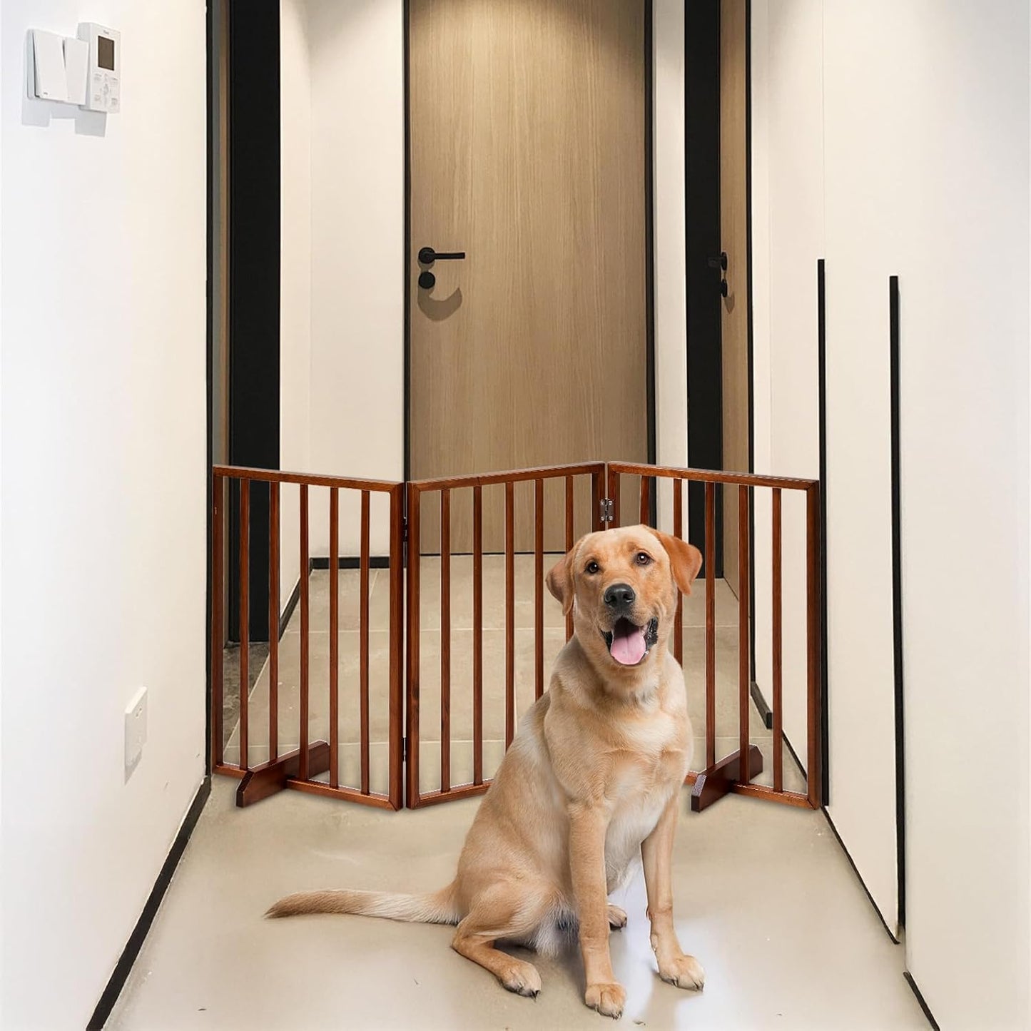 4 Panels Wooden Dogs Fence,Free Standing Pet Gate for Dog Cat,Wooden Indoor Foldable Dog Gate,Wide Pet Puppy Safety Fence,with Support Feet,for Hallways, Stairs, Doorways, Halls, Kitchen (Brown)