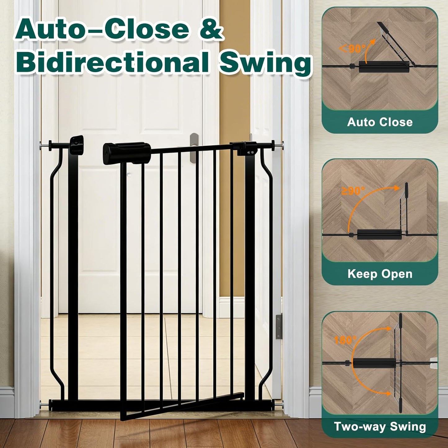Extra Wide Baby Gate with Door, 52.76~62.2 Inch Wide Presure Mounted No Drill Metal Auto Close Child Gate for Stair Doorway - Indoor Outdoor Safty Gate for Toddler Dog Doggie, Black