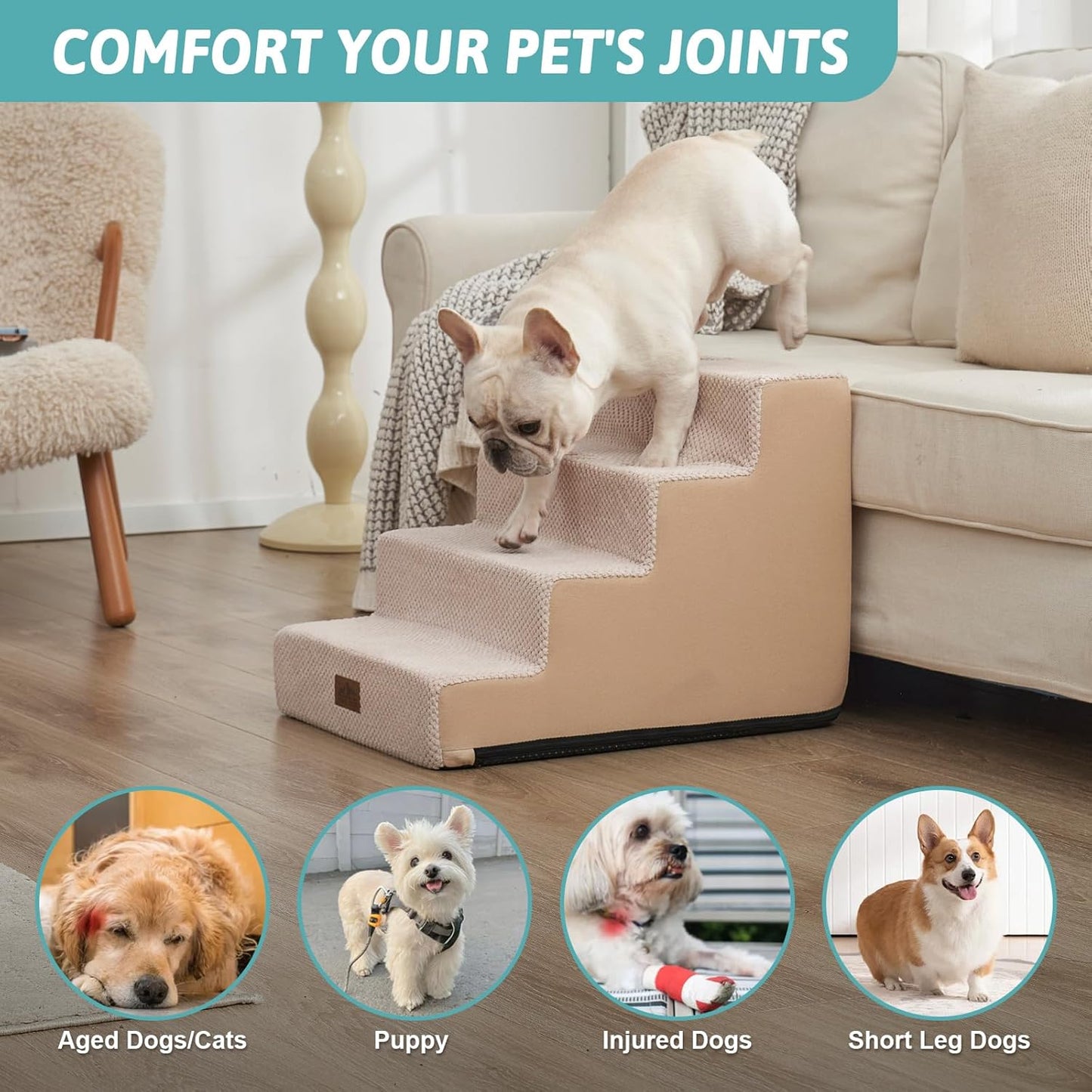 COZY KISS Dog Stairs for Small Dogs, 4 Tier Wider Pet Stairs for Couch and Beds, 17.7" H Non-Slip Dog Steps for Old Cats, Puppy, Small Medium Dogs, 17.7x23.6x17.7 inch, Beige