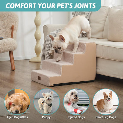 COZY KISS Dog Stairs for Small Dogs, 4 Tier Wider Pet Stairs for Couch and Beds, 17.7" H Non-Slip Dog Steps for Old Cats, Puppy, Small Medium Dogs, 17.7x23.6x17.7 inch, Beige