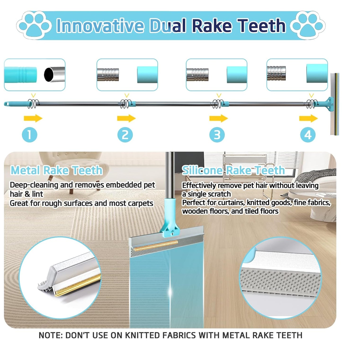 Pet Hair Remover for Carpet, Carpet Rake for Pet Hair Removal with 54" Adjustable Handle, Reusable Dog Hair Remover Broom with Copper Teeth & TPU Brush for Rugs, Couch, Mats and Pet Beds