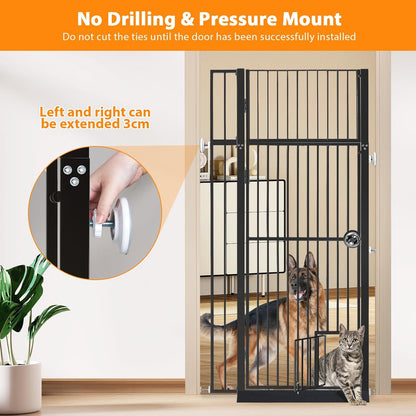71" Extra Tall Pet Gate with Cat Door, Walk Through Pet Gate Pressure Mounted No Drilling, 28.7"-37.5" Wide, Auto Close Metal Safety Barrier for Stairs Hallway House, White