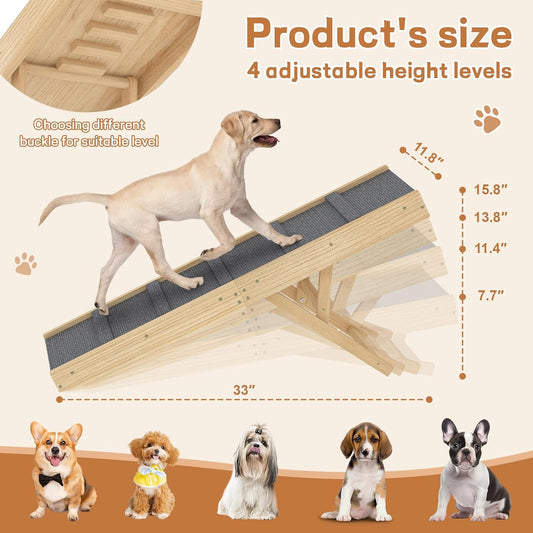 Adjustable Dog Ramp for Car with Anti-Slip Rug and 4 Height Levels for 7.7" to 15.8", Folding Dog Steps Doggie Ramp Pet Stairs for Couch, Car, Bed Stairs, Portable and Bearing 200LBS