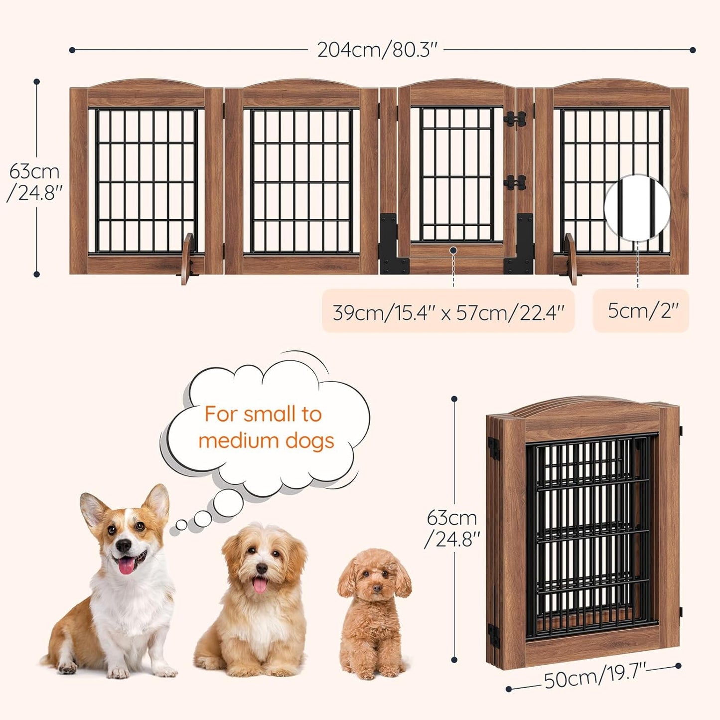 HOOBRO Dog Gate with Door Walk Through, 24.8'' Tall Freestanding Pet Gate with 2 Support Feet, Foldable Dog Fence Indoor, 360° Rotating Hinges, for Doorways, Stairs, Walnut BH85PP03