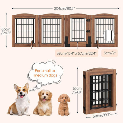 HOOBRO Dog Gate with Door Walk Through, 24.8'' Tall Freestanding Pet Gate with 2 Support Feet, Foldable Dog Fence Indoor, 360° Rotating Hinges, for Doorways, Stairs, Walnut BH85PP03