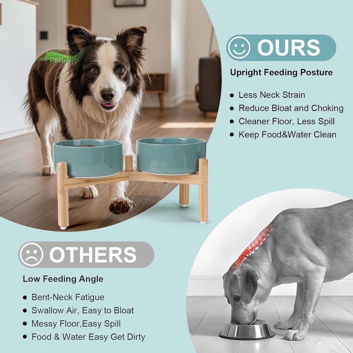 SPUNKYJUNKY Elevated Dog Bowls Ceramic, 6.1'' Dogs and Cat Food Water Bowls Raised with Non-Slip Bamboo Stand for Medium Sized Breed Microwave Dishwasher Safe - 28.7 OZ,Beige