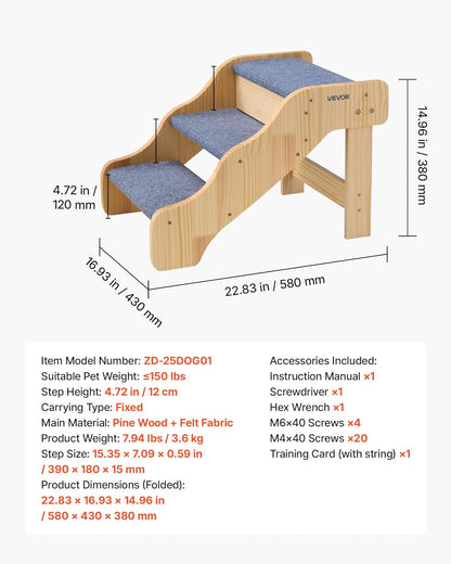 VEVOR Wood Pet Stairs, 2-Step Dog Stairs for Beds, Sofa & Cars, 110lbs Load Capacity, Floded Flat Design, Stable & Sturdy Cat & Dog Step Ladder for Small Medium Large Older Pet Puppy Essentials