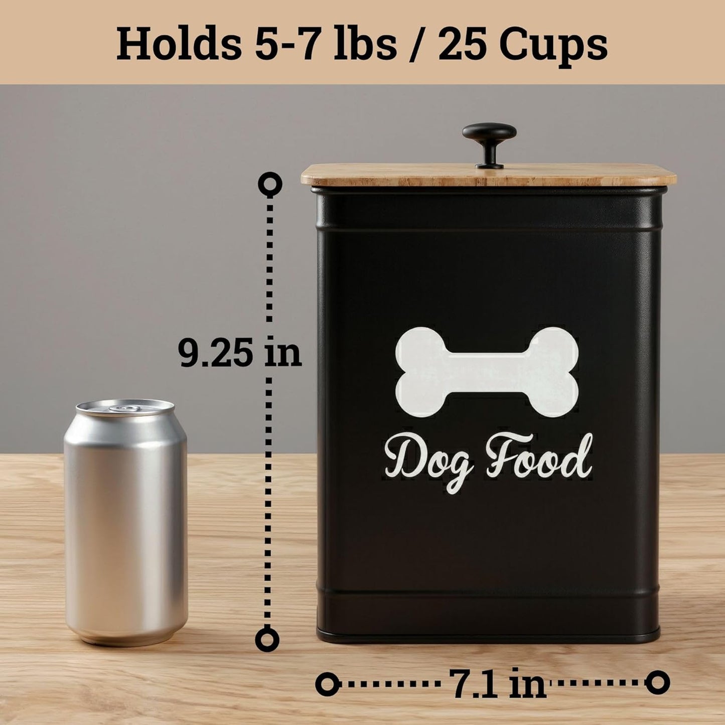 Dog Food Container Airtight 5-7 lb (25 Cup) Capacity - Cute Airtight Dog Food Storage Container with Bamboo Lid & Sturdy Metal Handle - White Metal Kibble Storage Bin for Dogs up to 50 lbs - Pet Jar
