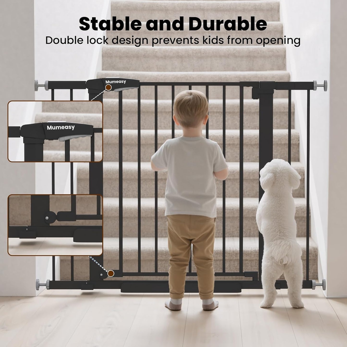 Baby Gate for Stairs, 29.7-40.6" Auto Close Dog Gate Indoor for Doorways, Dual-Lock Design, Adjustable Pet Gate No Drilling with Walk Thru Door for Hallways, Stroller Friendly, Black