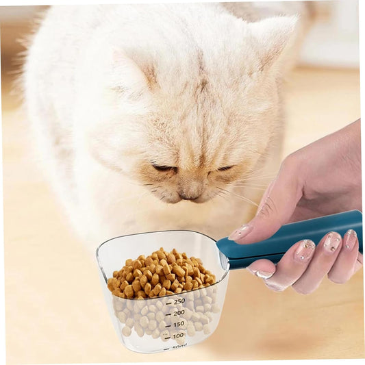 Dog Food Measuring Cup with Scale, Accurate Pet Food Scoop with Dog Bag Clips, Multi-Functional ABS Cat Spoon for Indoor, Travel Outdoor, Blue