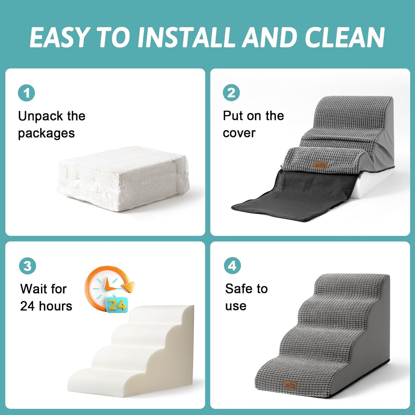COZY KISS Dog Stairs for Small Dogs 15.7" H, Curved Dog Step for Puppy, Older Cat, Medium Pet Ramp for Sofa, Couch or Chair, Ladder with High Density Foam, 3 Step, 15.7x22.4x15.7 inch, Beige