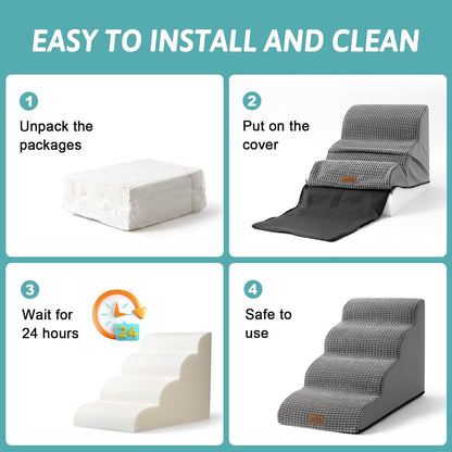 COZY KISS Dog Stairs for Small Dogs 15.7" H, Curved Dog Step for Puppy, Older Cat, Medium Pet Ramp for Sofa, Couch or Chair, Ladder with High Density Foam, 3 Step, 15.7x22.4x15.7 inch, Beige