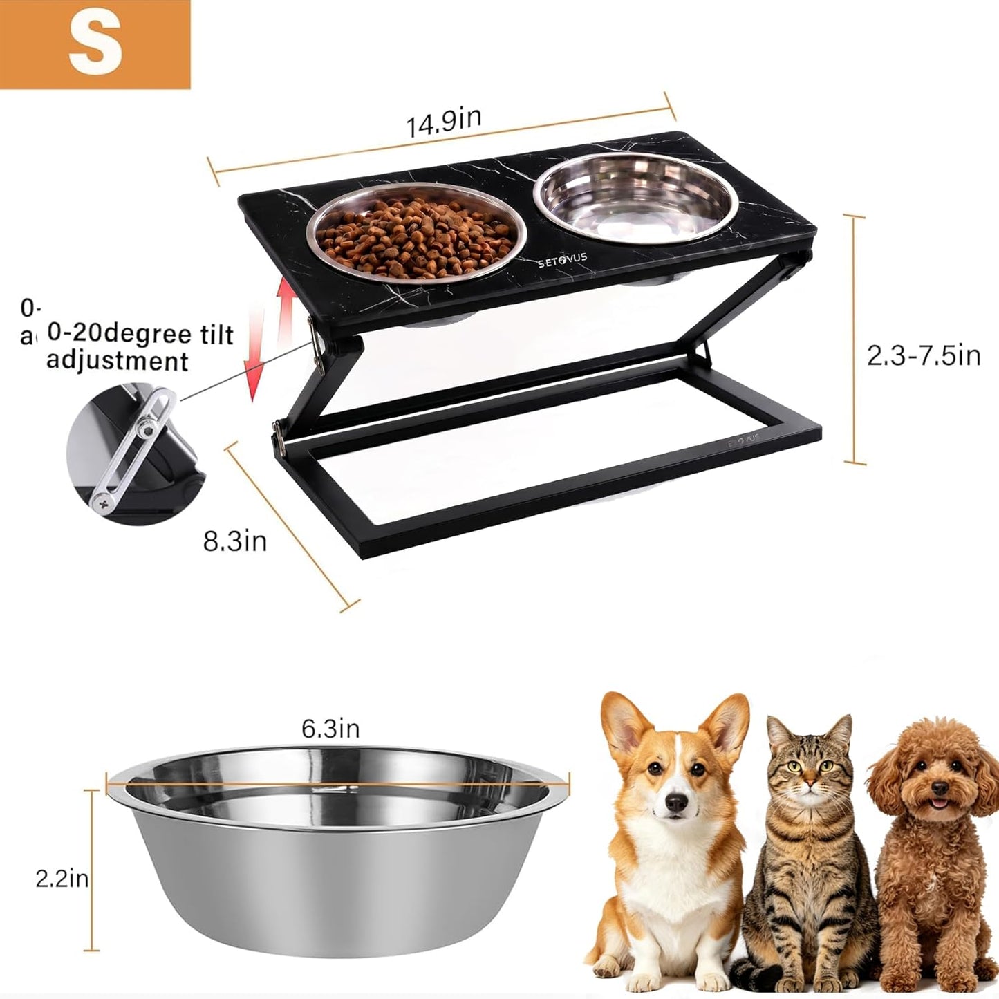 Elevated Dog Bowls, Adjustable Raised Dog Bowl Stand with 2 Stainless Steel Food Bowls 20°Tilted Water Bowls for Medium Small Sized Dogs (Black, Medium)