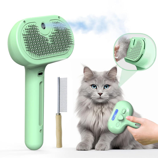 Pet Grooming Brush with Electronic Mist Spray - Gentle Deshedding Tool for Cats & Dogs, Pet Steam Brush，Reduces Shedding, Soft Bristles, Promotes Healthy Coat-Comes with a hair smoothing comb-White