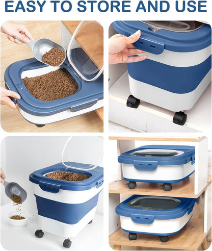 20-23 Lbs Dog Food Storage Container - Collapsible Dog Food Container with Attachable Casters and Scoop,Travel Silicone Bowl, Pet Food Storage Containers to Keep Dry Food Fresh,Easy to Move
