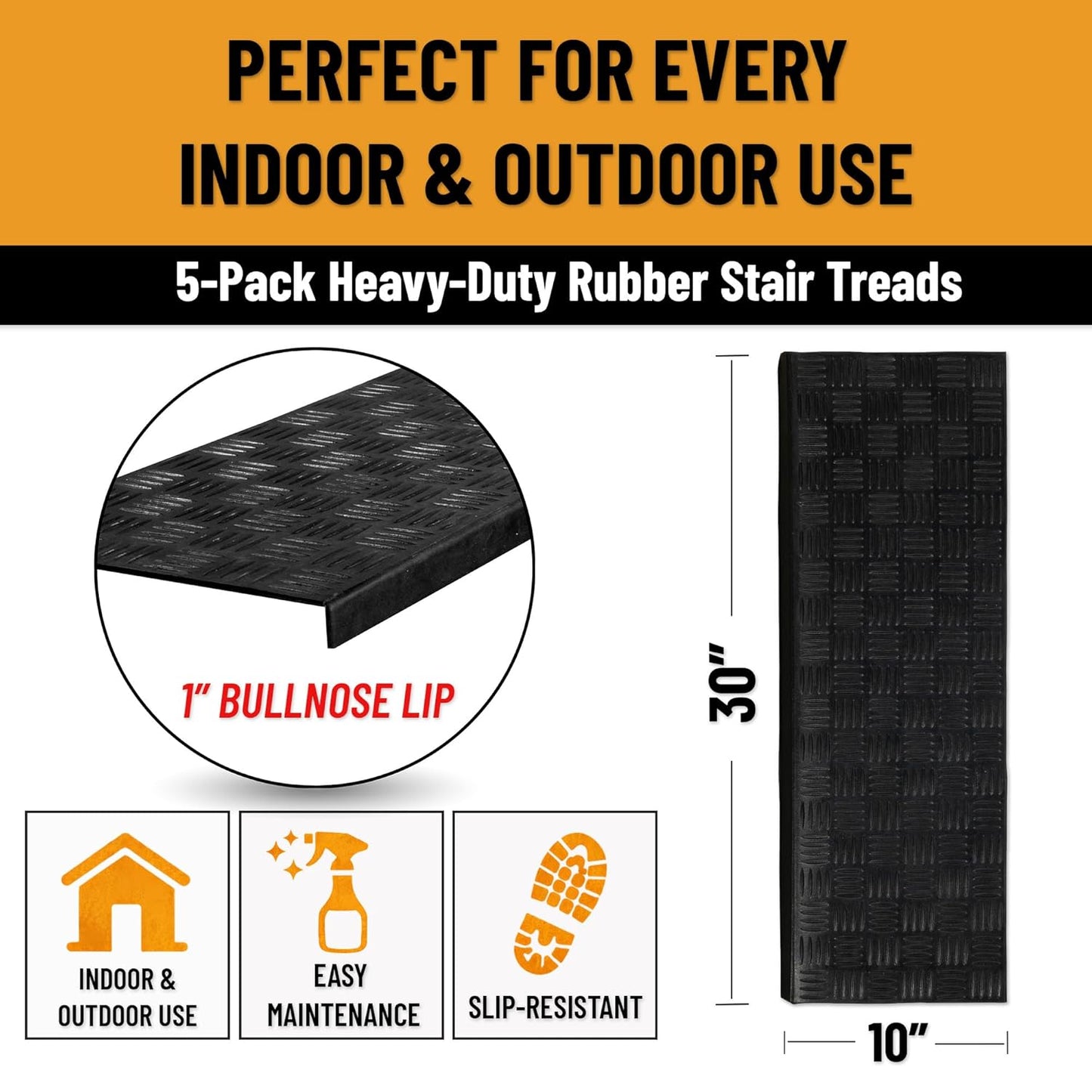 Ottomanson Outdoor Bullnose Stair Treads – Ribbed Heavy-Duty Non Slip Stair Mats – Strong Grip for Concrete, Brick & Textured Steps – Requires Fastening on Wooden & RV Steps, Pack of 5