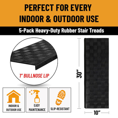 Ottomanson Outdoor Bullnose Stair Treads – Ribbed Heavy-Duty Non Slip Stair Mats – Strong Grip for Concrete, Brick & Textured Steps – Requires Fastening on Wooden & RV Steps, Pack of 5