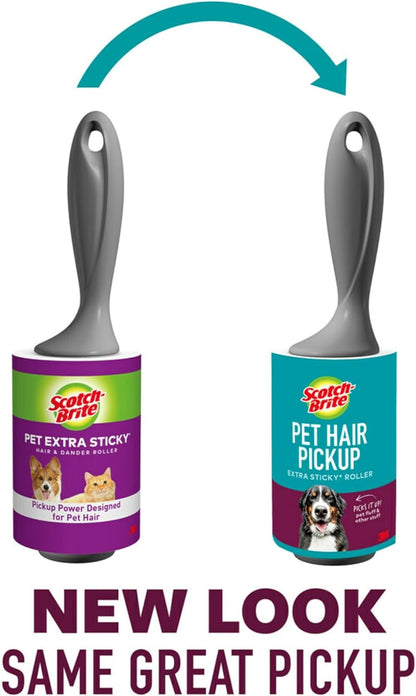 Scotch-Brite Pet Hair Pickup Extra Sticky Lint Roller, Designed for Removing Fur + Fluff on Couches, Clothes, Dog and Cat Beds, & More, 2 Pack, 140 Easy - Tear Adhesive Sheets Total