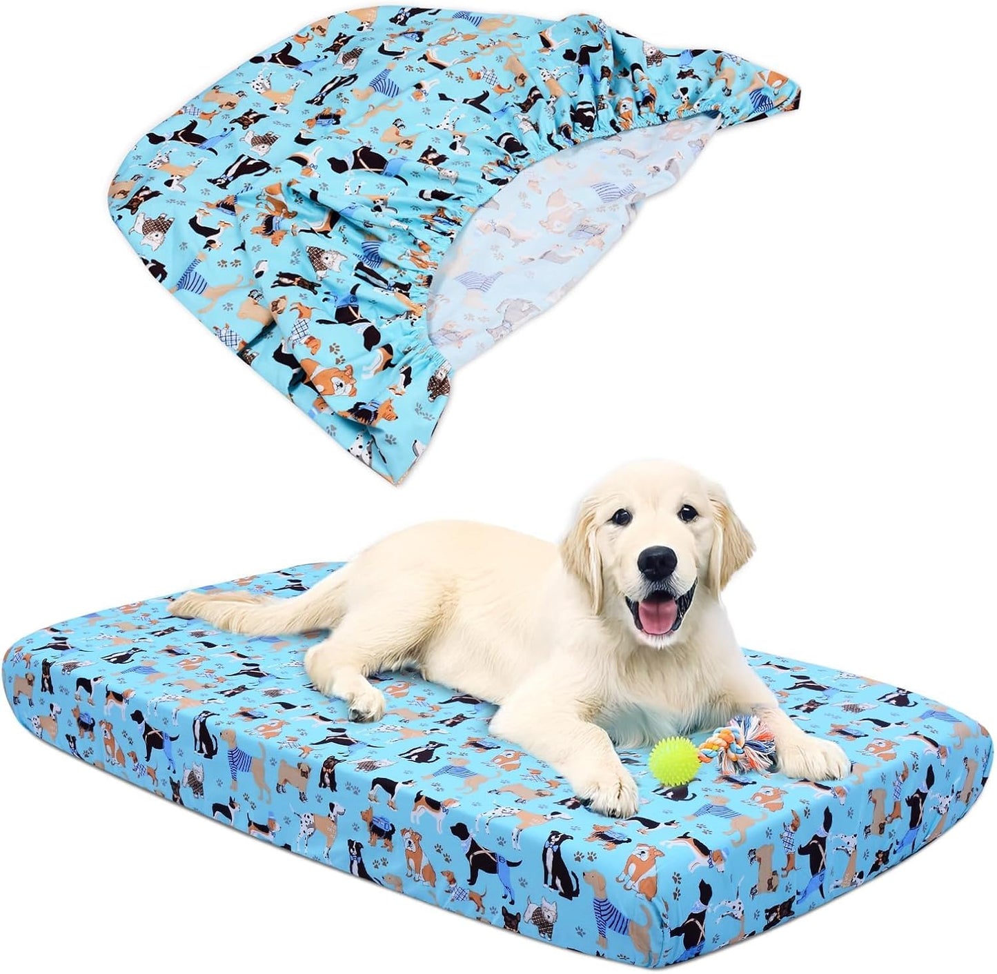 Dog Bed Covers Replacement Washable, Elastic Edged Pet Bed Protector with Cute Dog Pattern Design for Small & Medium Pet Beds, Cover Only (Blue, 36x27x6 Inch)