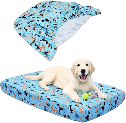 Dog Bed Covers Replacement Washable, Elastic Edged Pet Bed Protector with Cute Dog Pattern Design for Small & Medium Pet Beds, Cover Only (Blue, 36x27x6 Inch)
