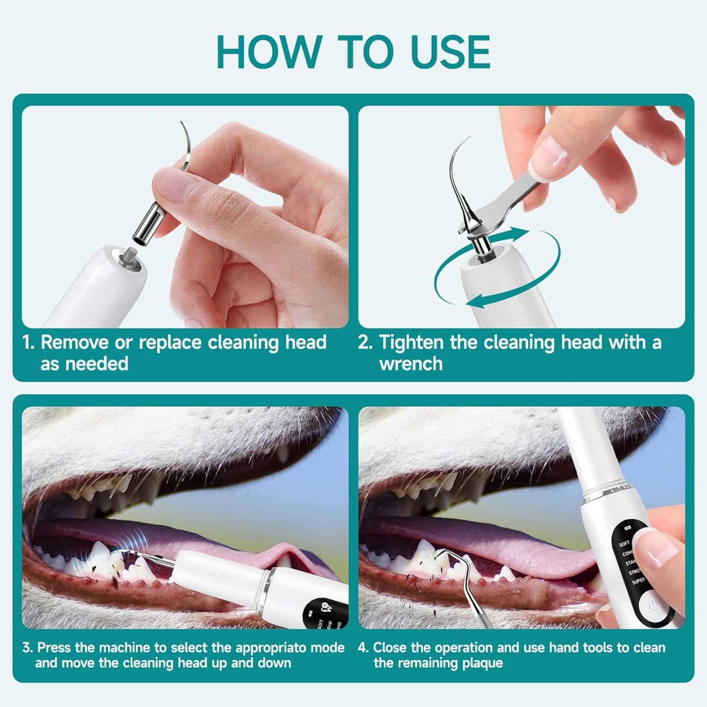 Dog Teeth Cleaning Kit Dog Plaque and Tartar Remover with LED Light 5 Adjustable Modes Electric Toothbrush Pet Teeth Cleaner for Dogs and Cats (White and Blue Finger Cots)