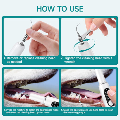 Dog Teeth Cleaning Kit Dog Plaque and Tartar Remover with LED Light 5 Adjustable Modes Electric Toothbrush Pet Teeth Cleaner for Dogs and Cats (White and Blue Finger Cots)