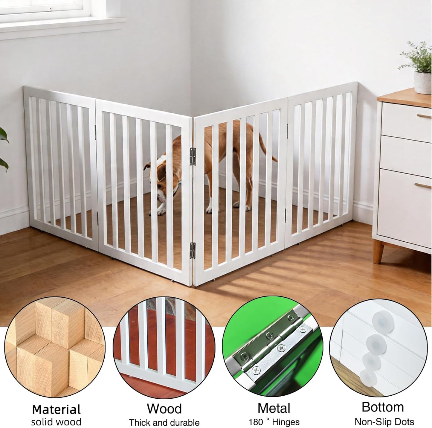 Dog Gate Indoor, Freestanding Dog Fence for The House, Doorways, Hallways,or Stairs,Pet Gate Foldable Wooden,Expandable 24" Height 3 Panels,White