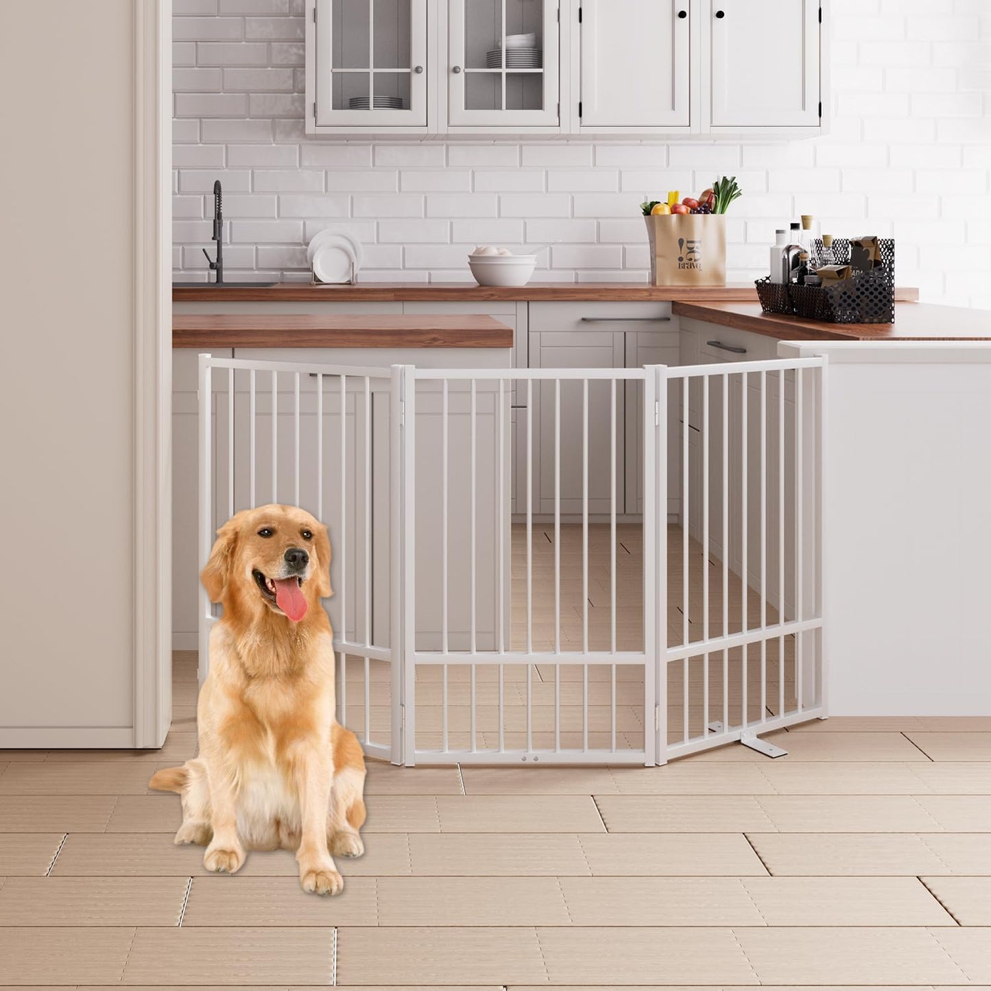 4 Panels Full Metal Freestanding Dog Gates with Door, 80” W x 32” H Folding Pet Gate Fence with Support Feet for Indoor,Stairs, Hallways and Doorways(Black)