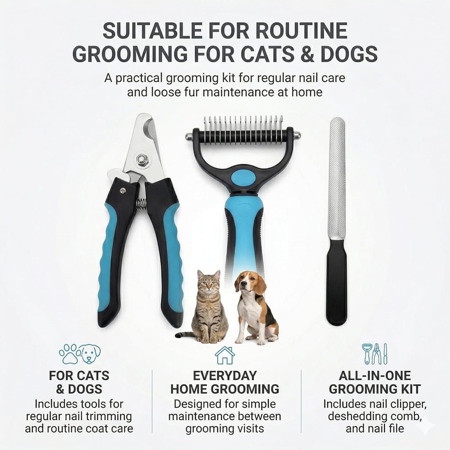 Kuzey Home Pet Nail Clipper & Deshedding Comb Set for Cats and Dogs, Safety Guard to Help Prevent Overcutting, Stainless Steel Blade, Non-Slip Handle, Includes Nail File